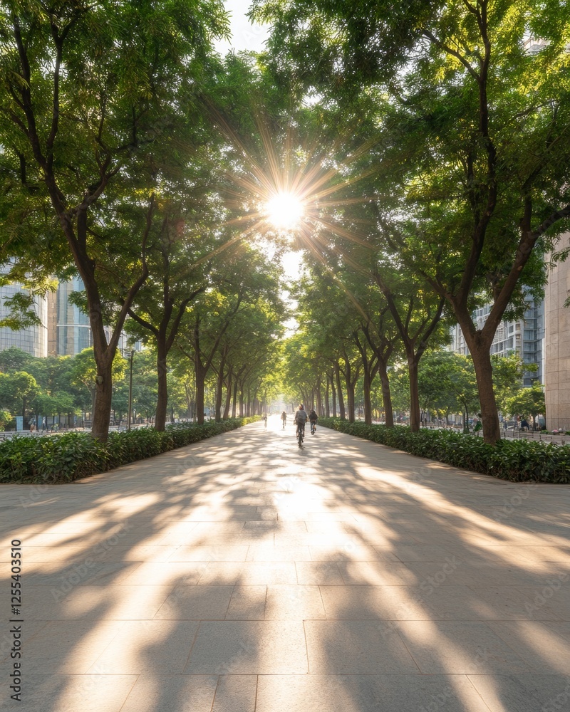 Obraz premium Eco-Urban Harmony Sunlit Bicycle-Only Street with Tree Canopy and Green Buildings - Stock for Smart City Design and Sustainable Transport Solutions