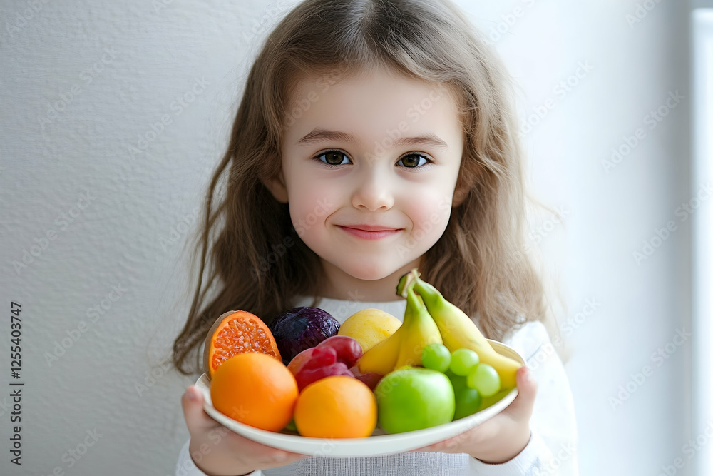 Child holding a plate of colorful fruits and vegetables, promoting healthy eating habits Child holding a plate of colorful fruits and vegetables, promoting healthy eating habits