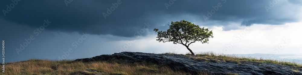 Solitary Tree on Rocky Outcrop Under Dark Sky Solitary Tree on Rocky Outcrop Under Dark Sky