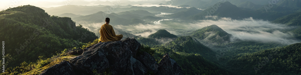 Naklejka premium Monk Meditating on Mountain Peak Overlooking Misty Valley