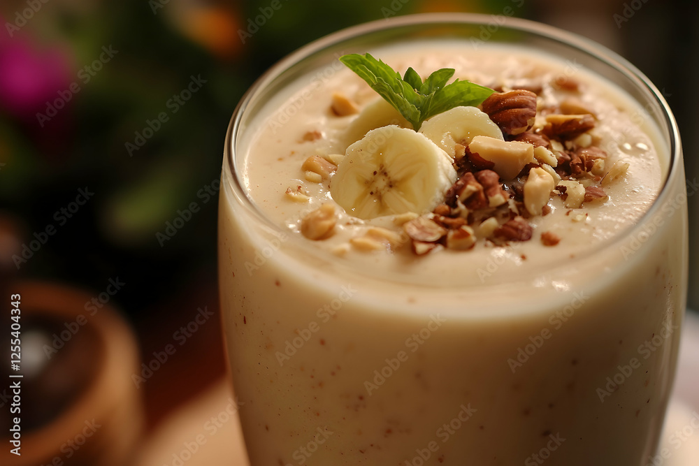 Close-up of a banana peanut smoothie garnished with nuts Close-up of a banana peanut smoothie garnished with nuts