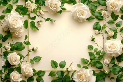 Elegant floral arrangement with white roses and green leaves framing a golden rectangle