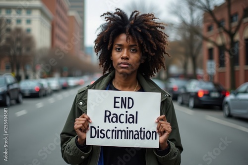 A melancholic Black woman stands on a street corner, holding a sign that says 