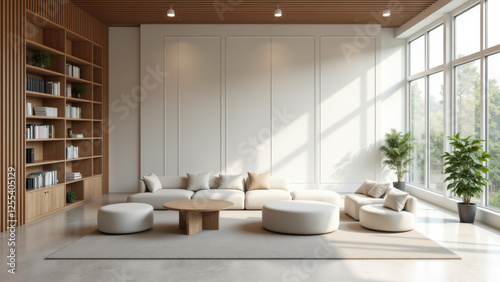 Modern office space with acoustic panels on walls.