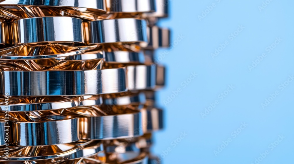 Close-Up of Stacked Metallic Rings on Blue Background Close-Up of Stacked Metallic Rings on Blue Background