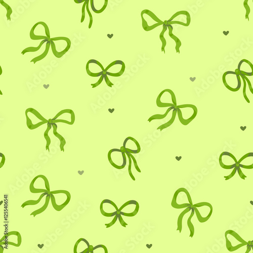 Pistachio green bows and hearts - vector seamless pattern