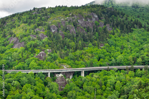 Blue Ridge Parkway road trip. Linn Cove Viaduct driving. Car exploration travel in summer forest on Appalachian mountain hills in North Carolina. Summertime landscape of beautiful nature
