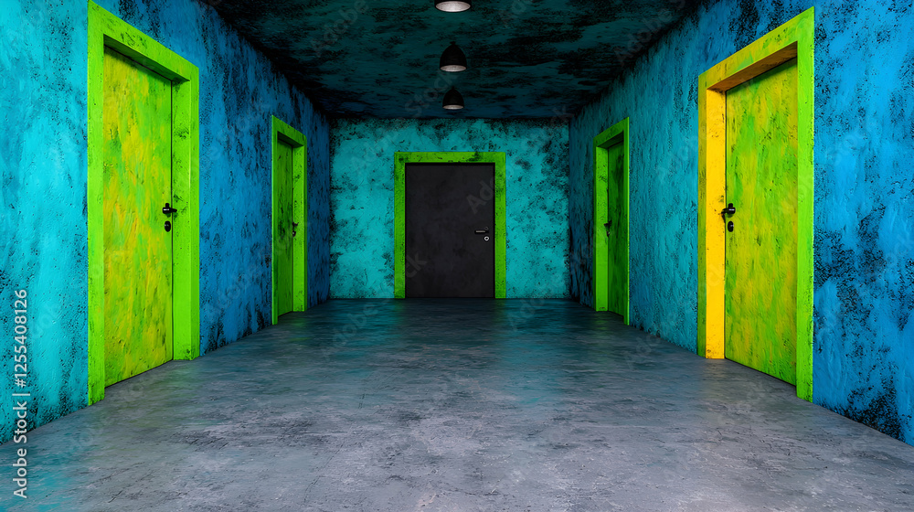 Obraz premium Colorful hallway doors, mysterious building, dark background, choices concept