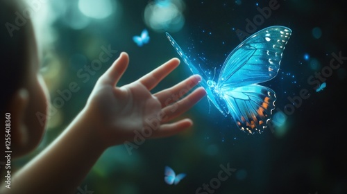 Child's hand reaching for a glowing blue butterfly.