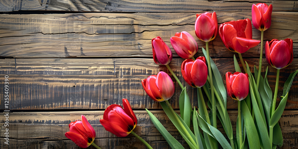 Naklejka premium Czerwone tulipany na tle drewnianej deski – wiosenna dekoracja.