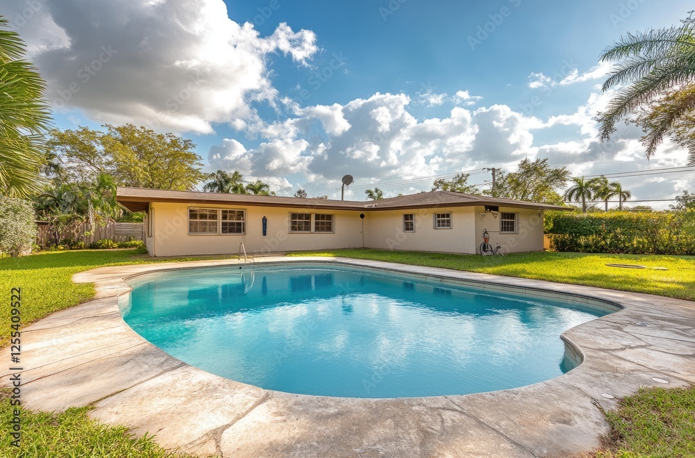Obraz premium Beautiful home with a large pool in the backyard, a stunning sunset sky