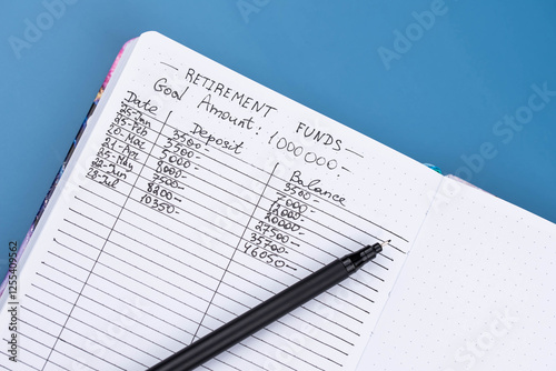 Planner tracker for Retirement Funds Planning and early retirement goals. Financial Independence, Retire Early. Deposit and Balance, total amount. Concept of financial independence, wealth management.
