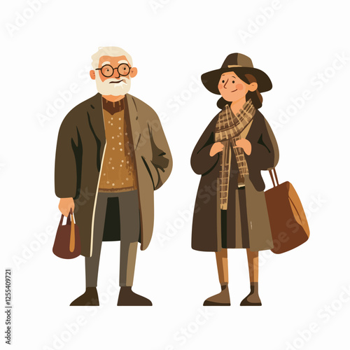 Illustration of pensioners. Elderly couple. Grandmother and grandfather.
