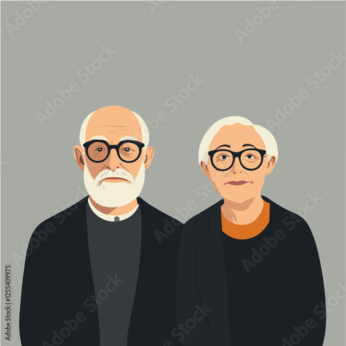 Illustration of pensioners. Elderly couple. Grandmother and grandfather.