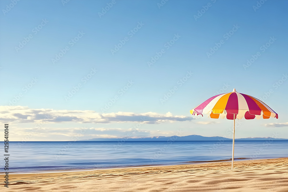 Beach umbrella on sunny day. Relaxing by the sea, with blue sky and sand, perfect for tourism, relaxation, or summer concepts Beach umbrella on sunny day. Relaxing by the sea, with blue sky and sand, perfect for tourism, relaxation, or summer concepts