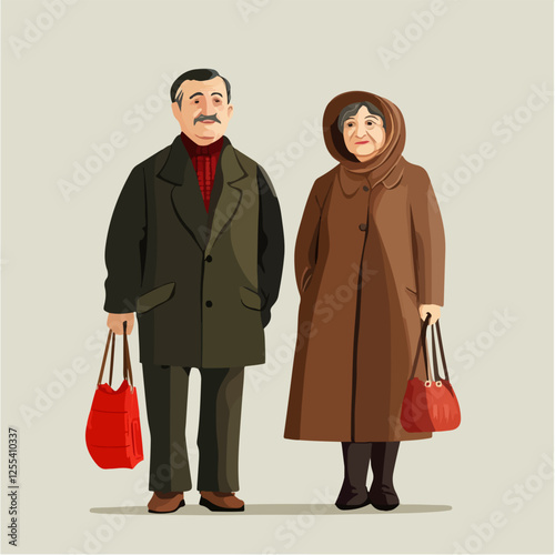 Illustration of pensioners. Elderly couple. Grandmother and grandfather.