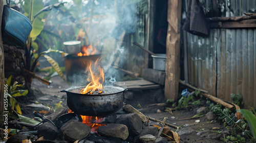A family in Addis Ababa; Ethiopia; cooks their meals using an open fire inside a small; poorly ventilated home; suffering from respiratory issues due to the lack of clean cooking options.