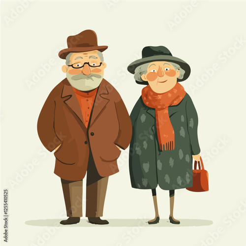 Illustration of pensioners. Elderly couple. Grandmother and grandfather.