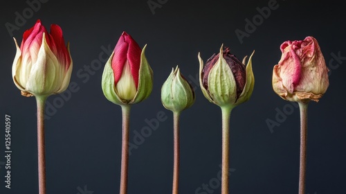 Five rose buds in various stages of bloom against a dark background.