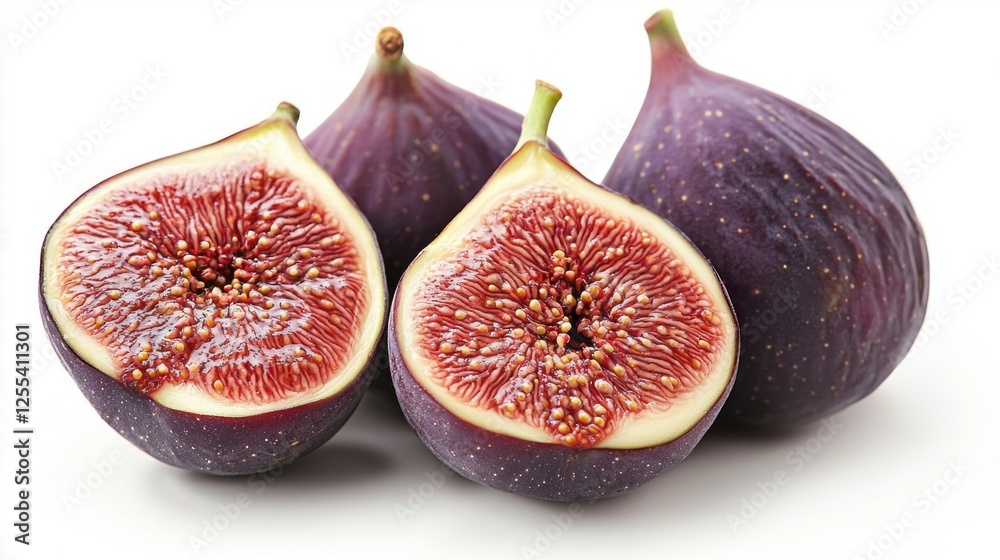 Vibrant figs sit cut in half, revealing their lush red flesh and tiny seeds. Their deep purple skin contrasts beautifully with the white background, highlighting their juicy appeal Vibrant figs sit cut in half, revealing their lush red flesh and tiny seeds. Their deep purple skin contrasts beautifully with the white background, highlighting their juicy appeal