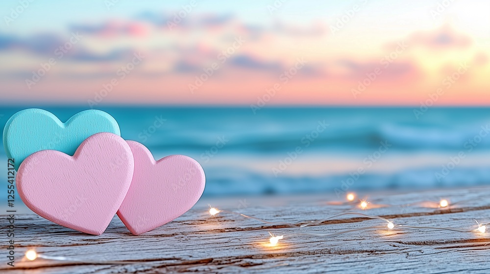 Fototapeta premium Three pastel hearts sit on a wooden surface beside twinkling lights, with a beautiful ocean sunset in the background.