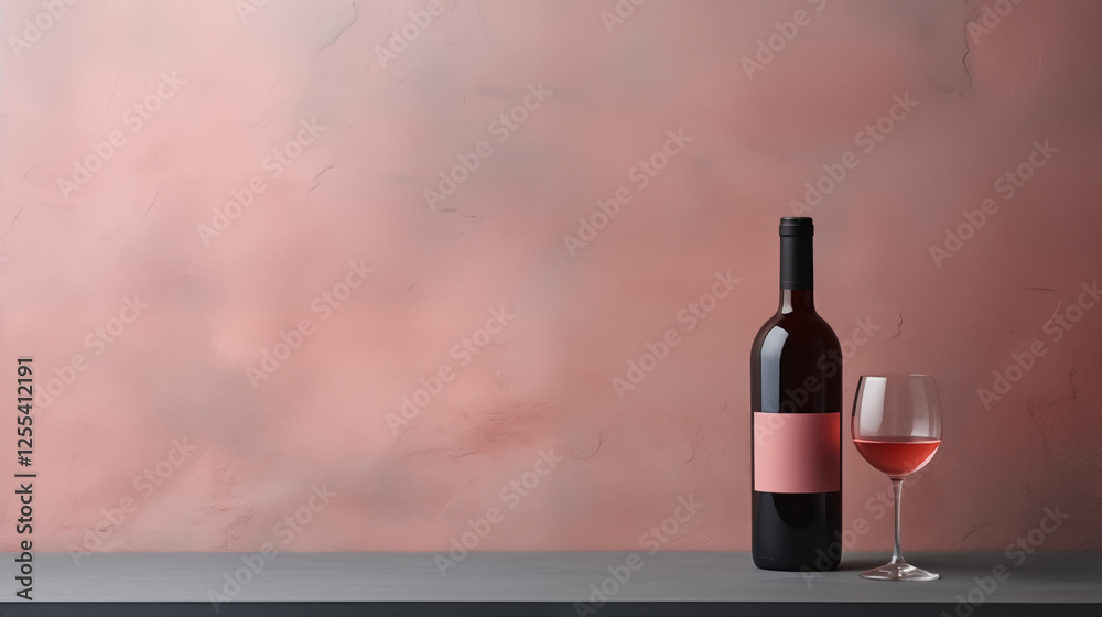 Fototapeta premium Bouteille de vin rosé sur fond uni. Couleurs gris/rose. Boisson, alcool, fête. Vin rosé. Pour conception et création graphique.