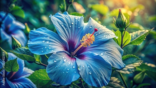 Vintage blue hibiscus, Alyogyne huegelii, thrives in rain garden bloom.  Stunning photography captures its beauty. photo