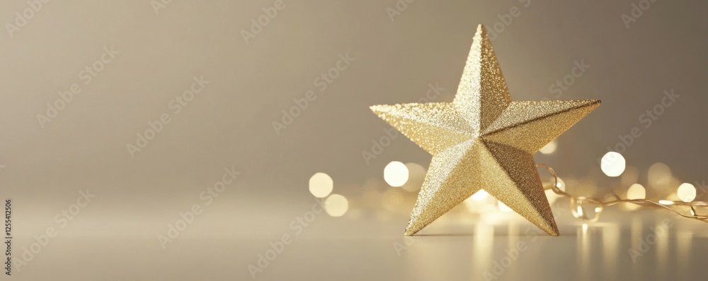 Obraz premium Golden star with warm fairy lights on neutral background for festive decor