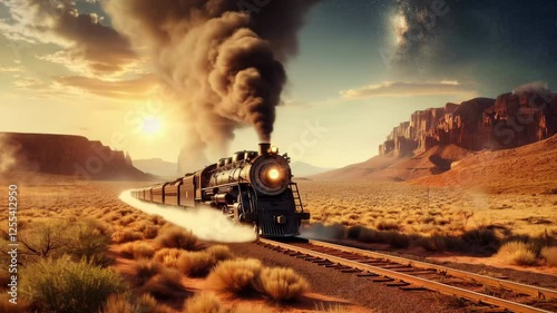 A classic steam locomotive powers through the desert landscape, releasing thick black smoke as it journeys across the open terrain. This nostalgic scene captures the charm of old-fashioned rail travel