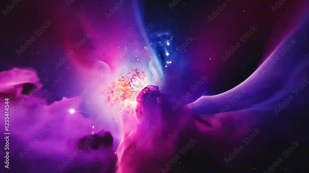 Cosmic clouds of gas and dust create a breathtaking nebula, illuminated by the brilliance of distant stars, dynamic motion background