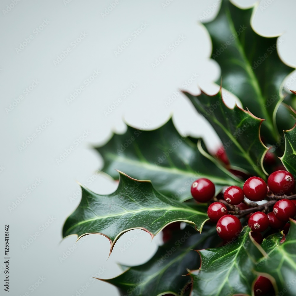 Closeup of Holly Sprig with Red Berries and Green Leaves Against a Neutral Background Closeup of Holly Sprig with Red Berries and Green Leaves Against a Neutral Background