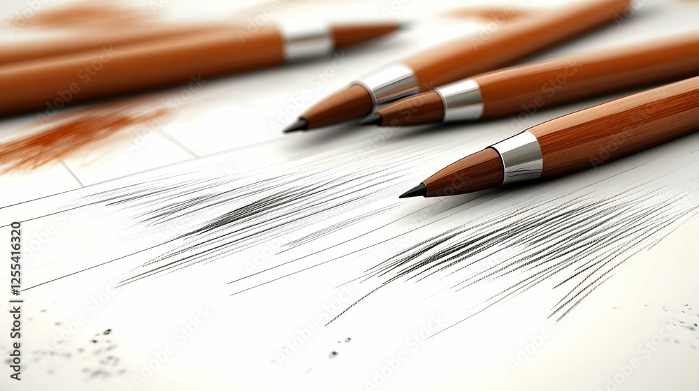 Pencils on paper, drawing lines on a blank surface, artistic concept for graphic design, drawing, or creative writing Pencils on paper, drawing lines on a blank surface, artistic concept for graphic design, drawing, or creative writing