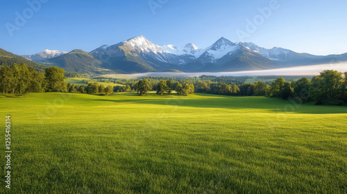 Lush green fields stretch towards majestic snow capped mountain peaks under clear blue sky, creating serene and picturesque landscape
