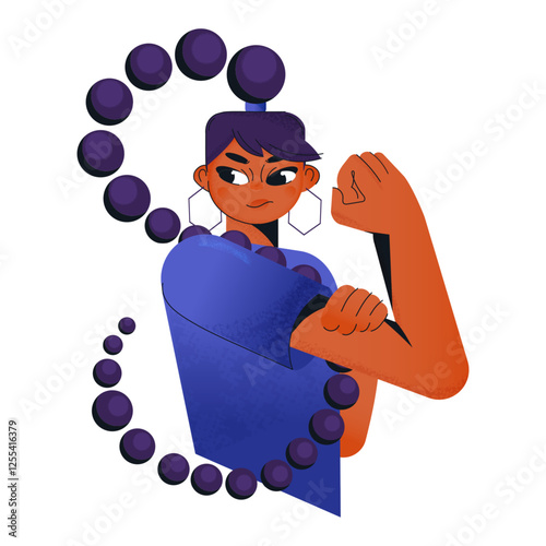 Strong determined woman flexing her arm symbolizing empowerment, action and resilience for feminism, leadership, activism, social change, motivation and equality campaigns. Accelerate Action Vector