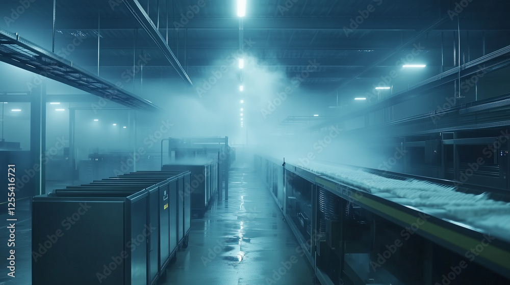 Obraz premium Desolate AI-controlled factory operating in a foggy environment during late night hours