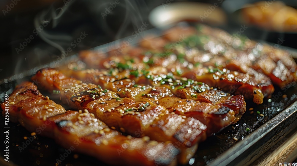 A close-up of sizzling bacon on a cast-iron skillet, crispy and golden brown A close-up of sizzling bacon on a cast-iron skillet, crispy and golden brown