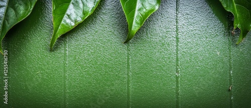 Closeup of Lush Green Leaves with Dew Drops on Dark Green Background