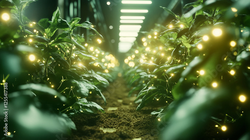 Futuristic farm utilizing artificial intelligence to enhance plant growth in a high-tech environment photo