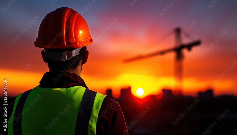 Fototapeta premium Construction worker watches sunset over city skyline with crane in background.