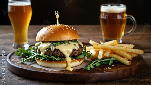 A delicious gourmet burger with melted cheese, fresh arugula, and sesame bun, served with crispy fries and refreshing beer. Perfect for food enthusiasts and restaurant promotions