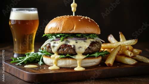 A delicious gourmet burger with melted cheese, fresh arugula, and sesame bun, served with crispy fries and refreshing beer. Perfect for food enthusiasts and restaurant promotions