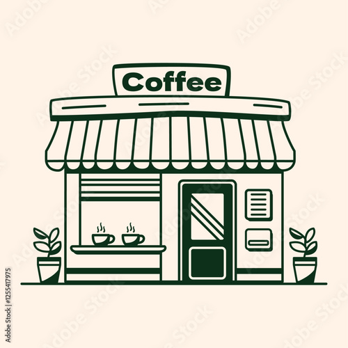 A charming coffee shop awaits with steaming cups displayed in the window, hand drawn style
