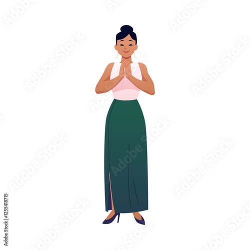 Applauding Asian woman, showing appreciation, vector happy female character clapping hands, encouragement arm gesture