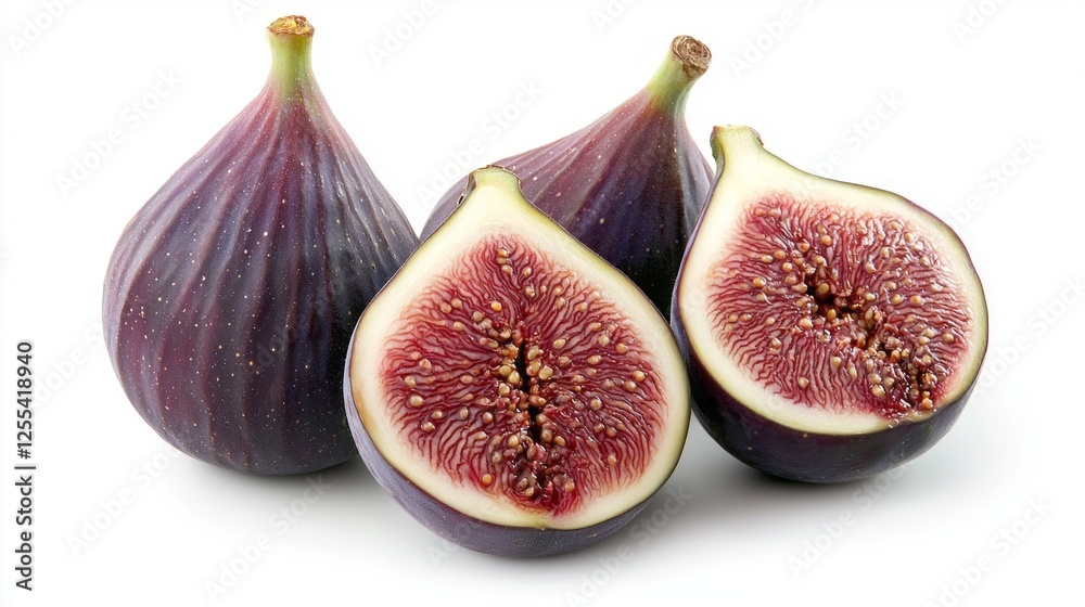 Four fresh figs isolated on a crisp white background reveal their rich purple skin and luscious red flesh. Perfect for food styling, recipes, or healthy lifestyle promotions Four fresh figs isolated on a crisp white background reveal their rich purple skin and luscious red flesh. Perfect for food styling, recipes, or healthy lifestyle promotions