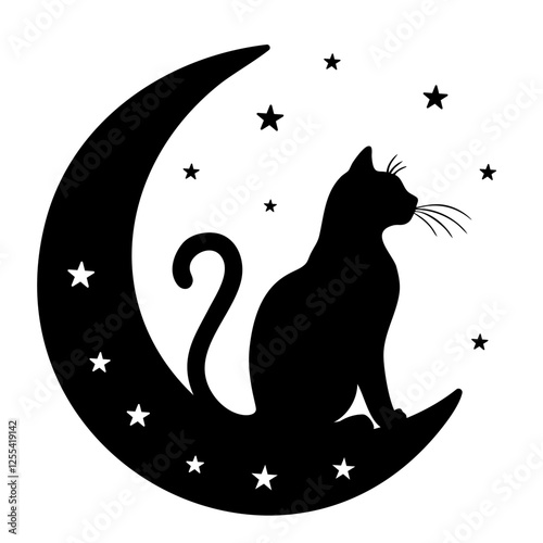 Black Silhouette of a Cat Sitting Peacefully on a Crescent Moon Among Stars at Night