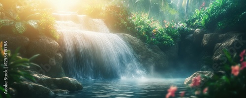 Wallpaper Mural Tranquil tropical waterfall with lush greenery and sunlight Torontodigital.ca