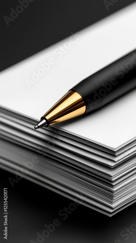 Elegant black pen resting on a stack of pristine white papers, ready for writing.