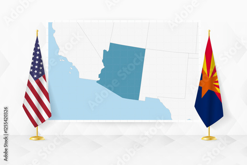 Map of Arizona and flags of Arizona on flag stand.