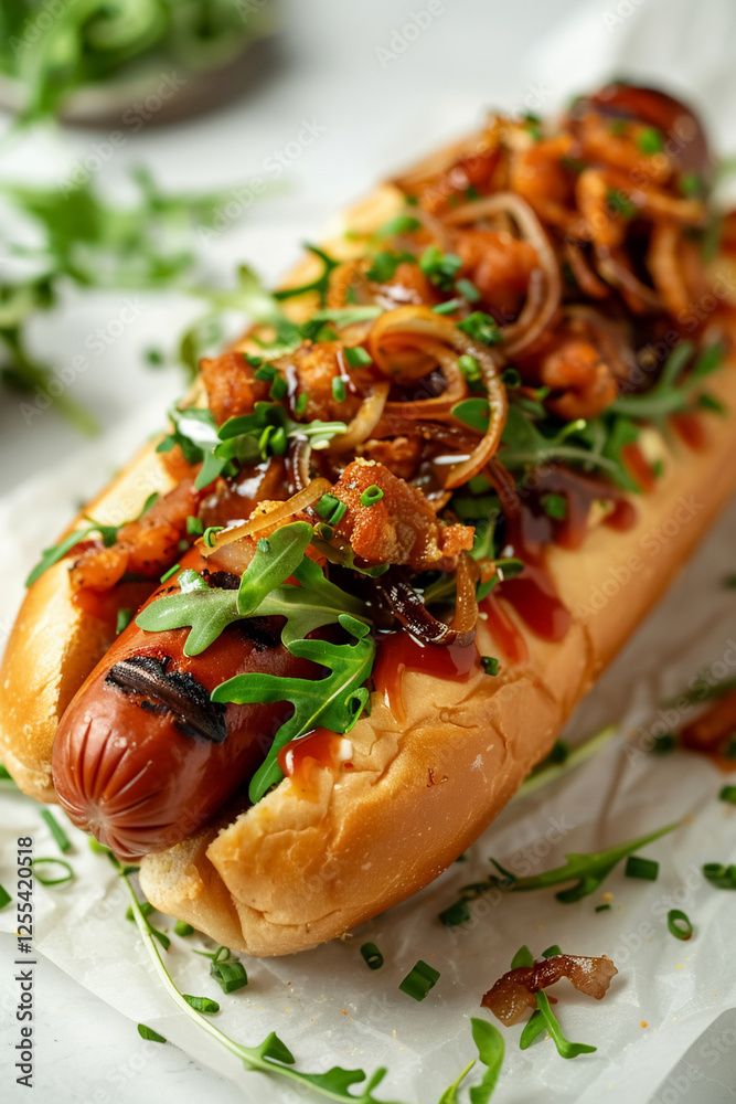 Grilled gourmet hot dog topped with crispy onions, arugula, and sauce, served on soft bun. delicious and satisfying meal perfect for any occasion