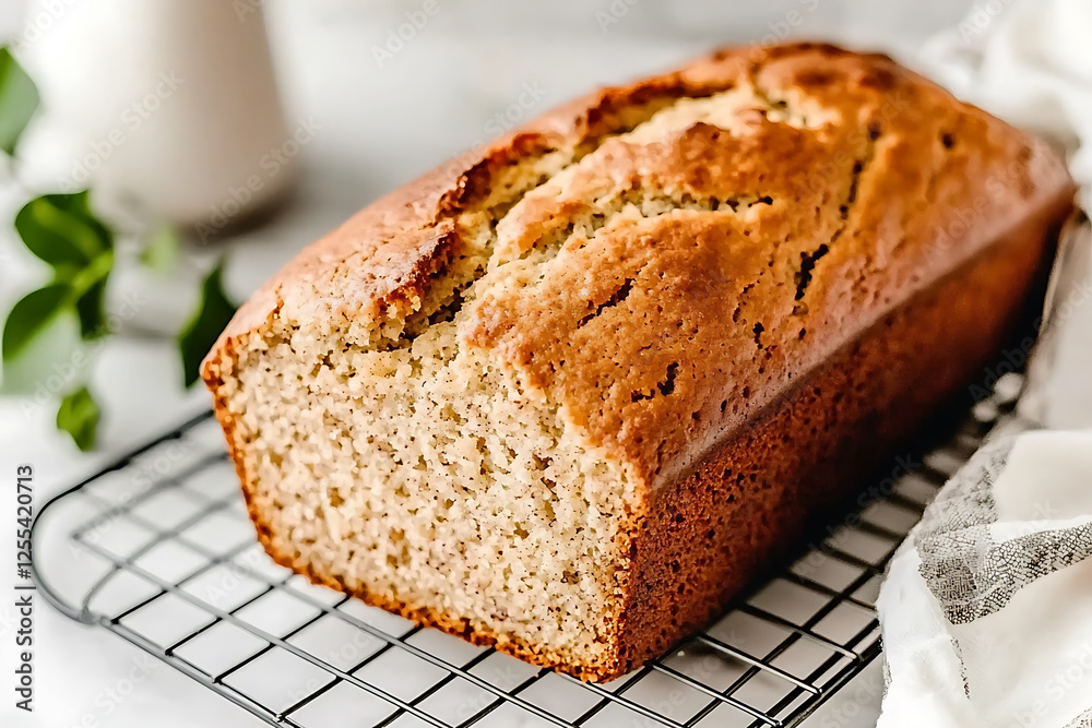 Freshly baked banana bread cooling on wire rack, showcasing its golden crust and soft interior. Perfect for cozy snack or breakfast Freshly baked banana bread cooling on wire rack, showcasing its golden crust and soft interior. Perfect for cozy snack or breakfast